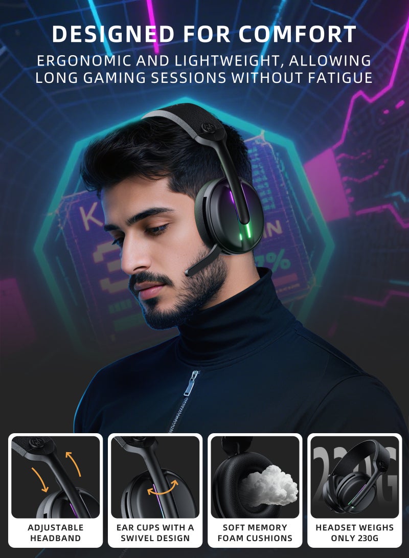 DuneVoyager T2 Wireless Gaming Headset, 2.4GHz USB Gaming Headphones with Bluetooth 5.4, 230g ultra-lightweight, 1000mAh Battery, ENC Noise Canceling Mic, RGB Light, Wireless Headset for PC PS5 PS4 Mac Switch - Image 4