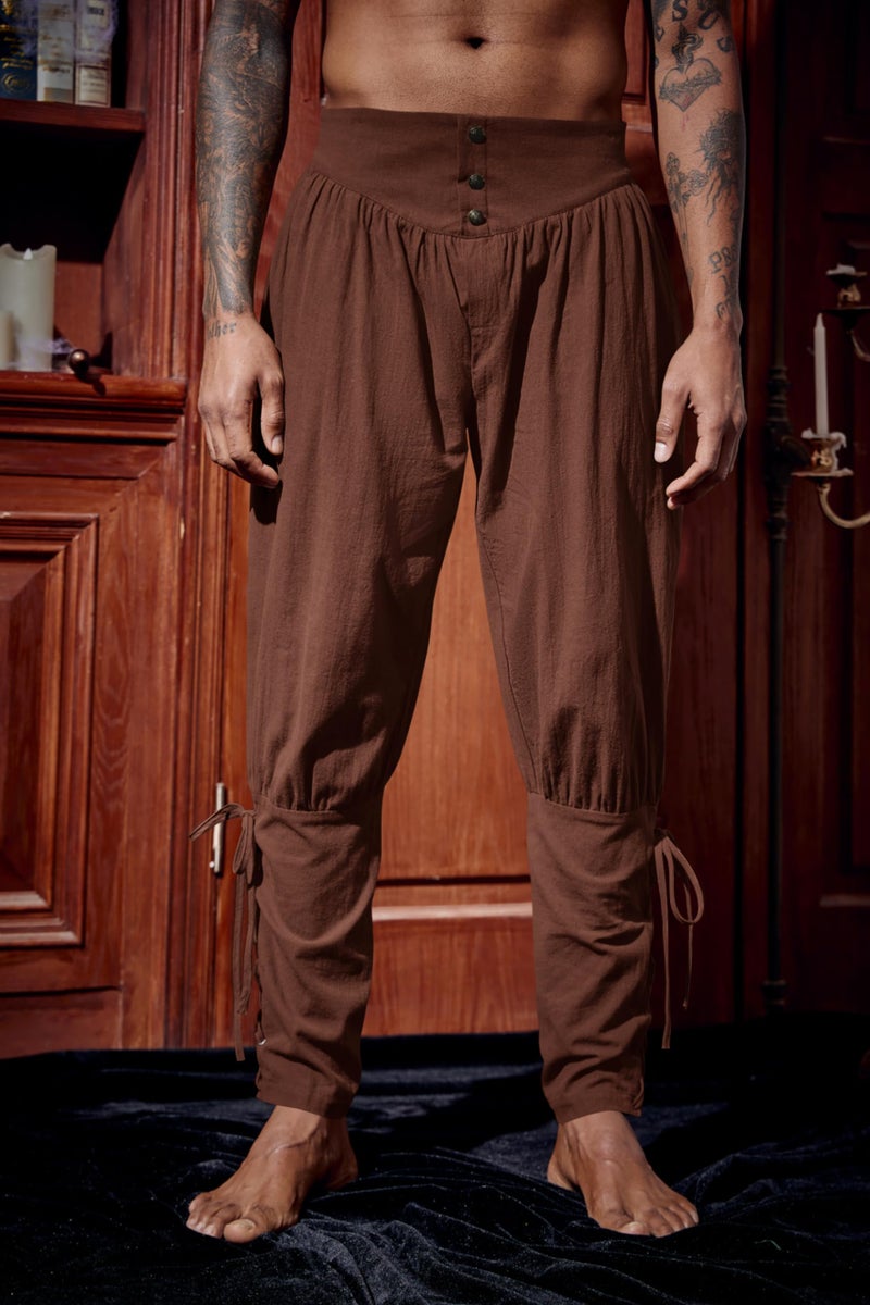 Runcati Mens Medieval Ankle Pants Renaissance Viking Pirate Lace Up Tapered Halloween Linen Costume Trousers Coffee - Image 2