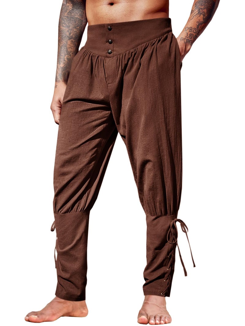 Runcati Mens Medieval Ankle Pants Renaissance Viking Pirate Lace Up Tapered Halloween Linen Costume Trousers Coffee - Image 1