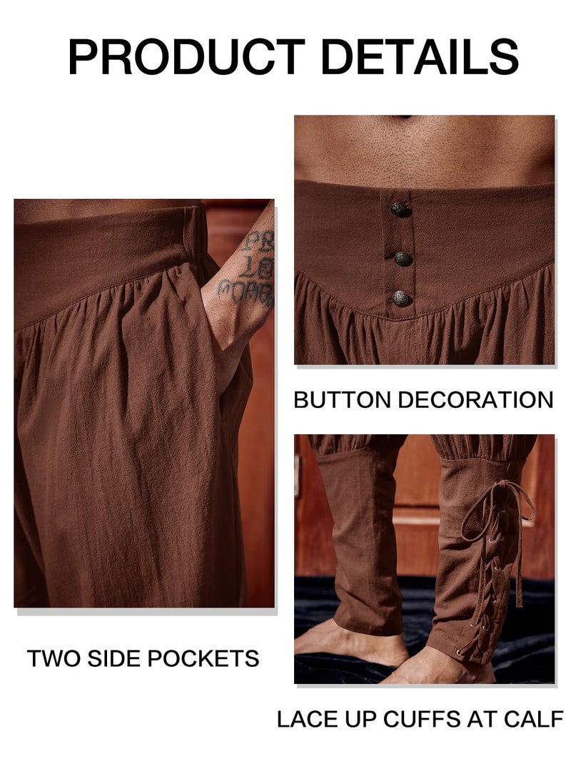Runcati Mens Medieval Ankle Pants Renaissance Viking Pirate Lace Up Tapered Halloween Linen Costume Trousers Coffee - Image 5