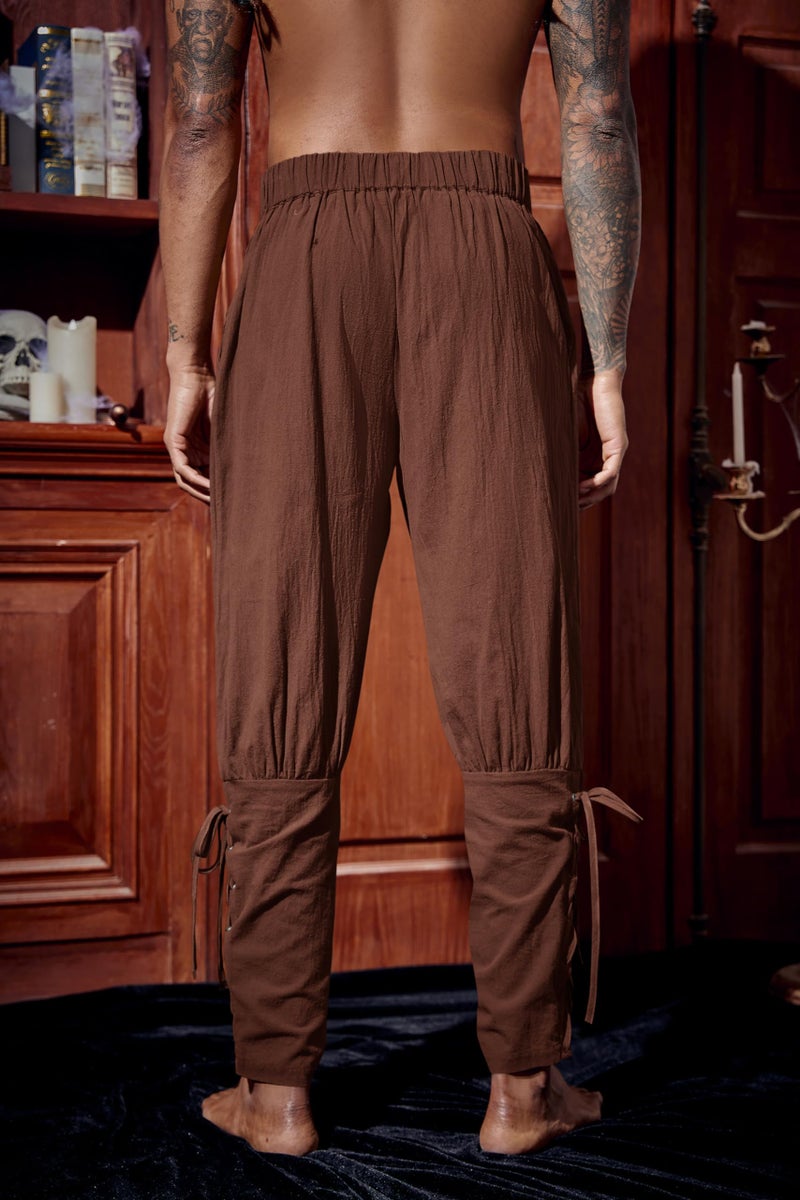 Runcati Mens Medieval Ankle Pants Renaissance Viking Pirate Lace Up Tapered Halloween Linen Costume Trousers Coffee - Image 3