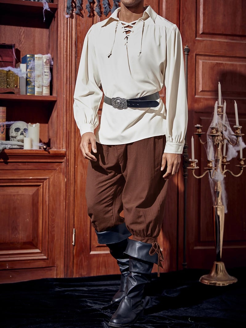 Runcati Mens Medieval Ankle Pants Renaissance Viking Pirate Lace Up Tapered Halloween Linen Costume Trousers Coffee - Image 4