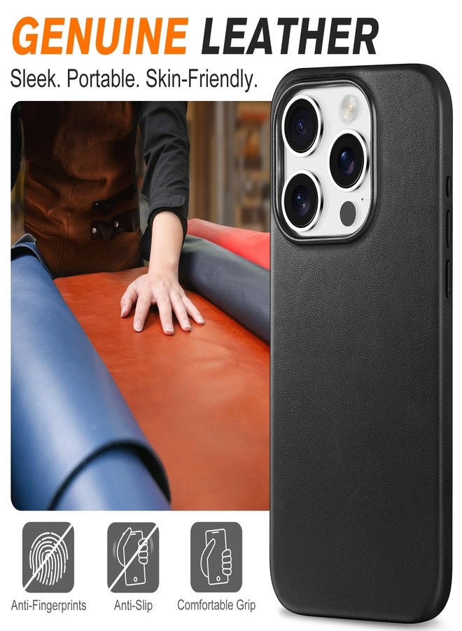SHIELDON Case for iPhone 15 Pro, Genuine Leather Shockproof Phone case [Slim Fit][Non-Slip][Anti-Scratch] Magnetic Wireless Charging Case with Metal Buttons Compatible with iPhone 15 Pro 6.1” - Black - Image 3