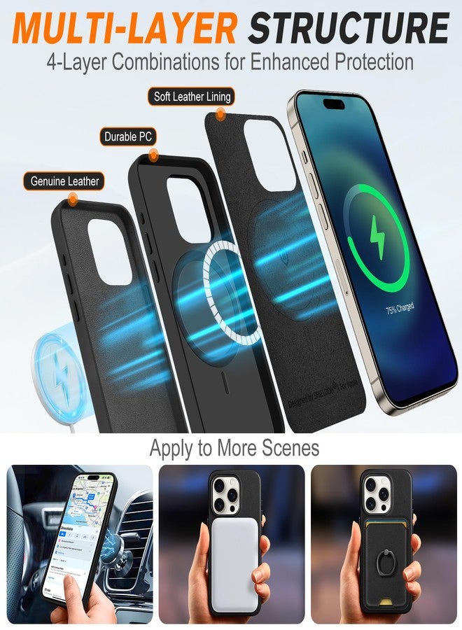 SHIELDON Case for iPhone 15 Pro, Genuine Leather Shockproof Phone case [Slim Fit][Non-Slip][Anti-Scratch] Magnetic Wireless Charging Case with Metal Buttons Compatible with iPhone 15 Pro 6.1” - Black - Image 4