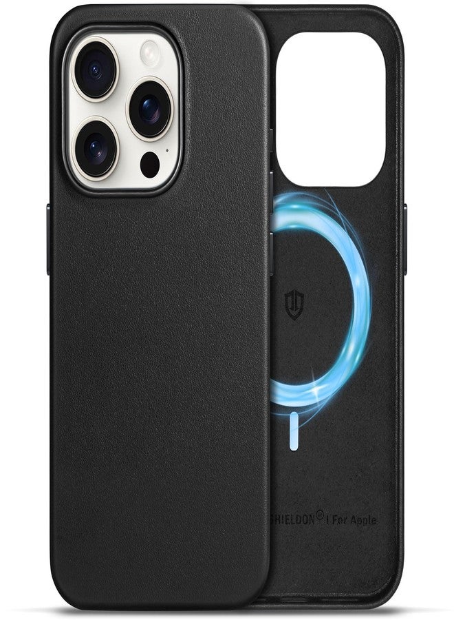 SHIELDON Case for iPhone 15 Pro, Genuine Leather Shockproof Phone case [Slim Fit][Non-Slip][Anti-Scratch] Magnetic Wireless Charging Case with Metal Buttons Compatible with iPhone 15 Pro 6.1” - Black - Image 1