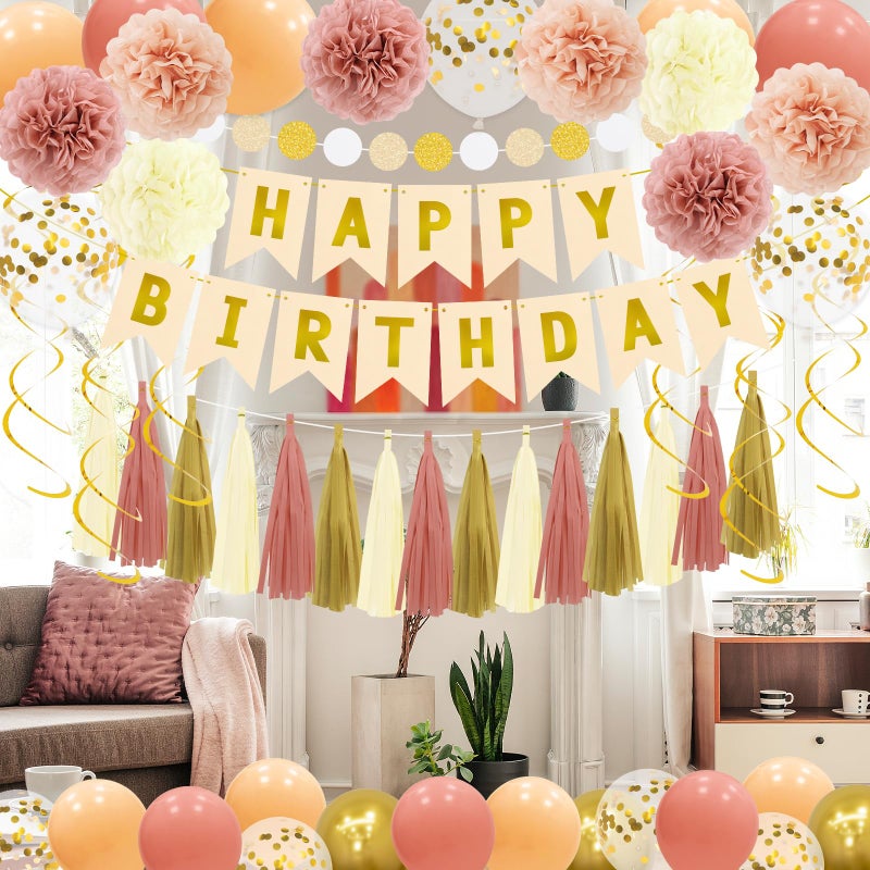PatiCool Birthday Decorations for Women Girls Kit - Boho Pink Happy Birthday Banner with Tissue Flower Pom, 12 inch Balloons,Tassel Garland,Hanging Swirls Streamers for Boho Neutral Retro Themed Party Decor - Image 4