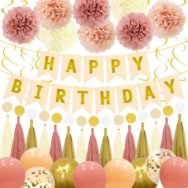 PatiCool Birthday Decorations for Women Girls Kit - Boho Pink Happy Birthday Banner with Tissue Flower Pom, 12 inch Balloons,Tassel Garland,Hanging Swirls Streamers for Boho Neutral Retro Themed Party Decor - Image 1