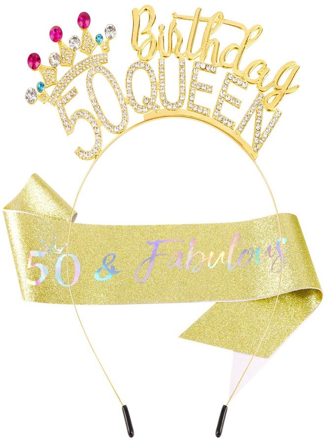 VELSCRUN 50th Birthday Queen Headband, Tiara Crown for Women, 50th Birthday Decorations for Her, Birth Queen Tiaras Crowns Sash for Women Mom Birth Party Decoration Hair Accessories Gold - Image 1
