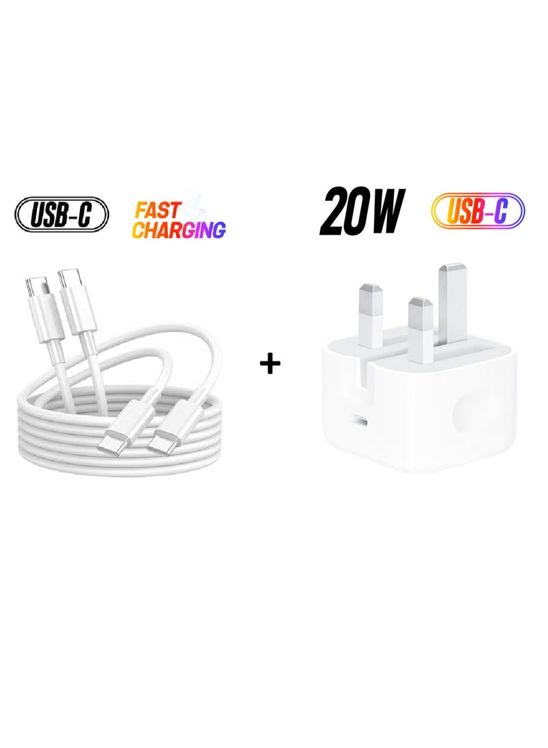 Powerful charging duo: 20W Type-C Adapter with UK plug + 1M Type-C to Type-C Cable. Enjoy fast, safe charging and high-speed data transfer for all your Type-C devices. - Image 1