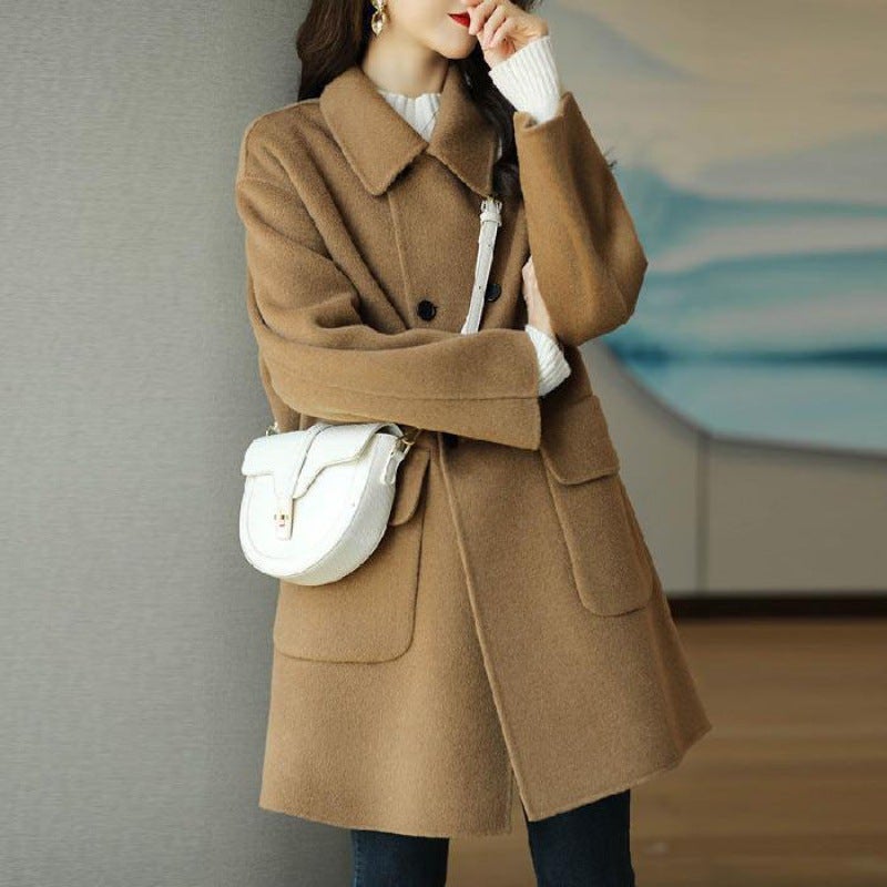Womens Thickened Woolen Coat Autumn Winter Coffee Color Slimming Mid-Length Korean Style Fashionable Casual Outerwear Camel  - Image 1