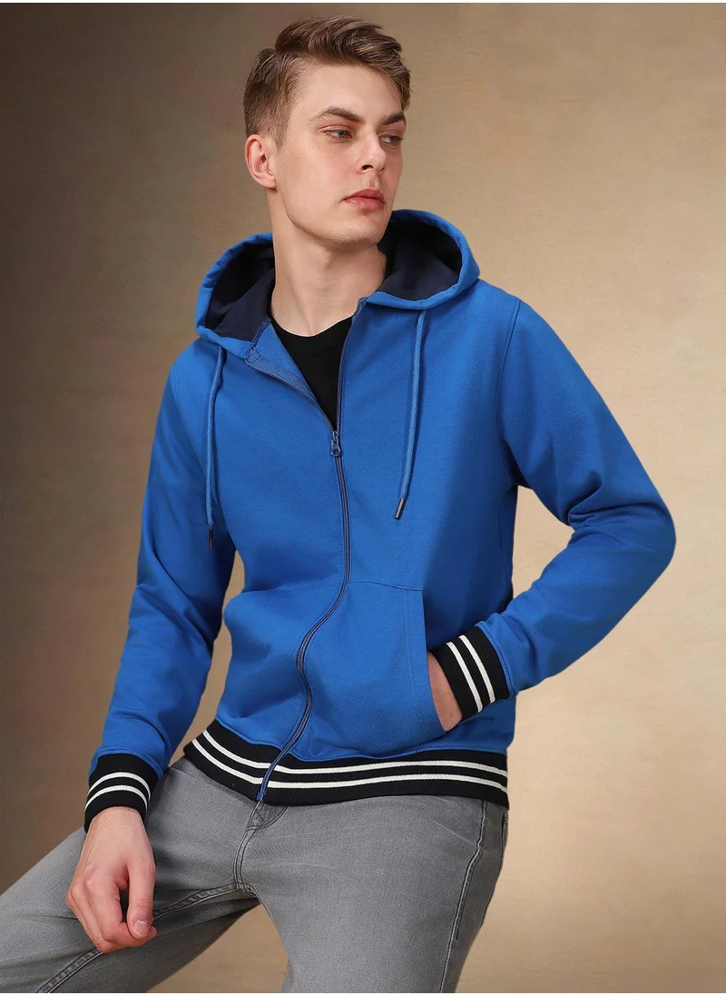 دينيس لينغو Men's Mid Blue Polyester Blend Solid Regular Fit Sweatshirt
