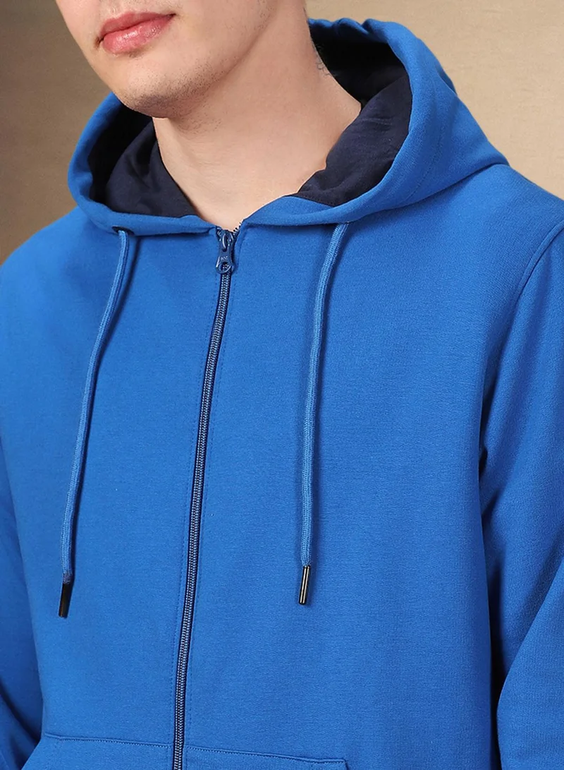 Dennis Lingo Men's Mid Blue Polyester Blend Solid Regular Fit Sweatshirt