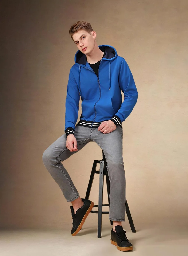 Dennis Lingo Men's Mid Blue Polyester Blend Solid Regular Fit Sweatshirt