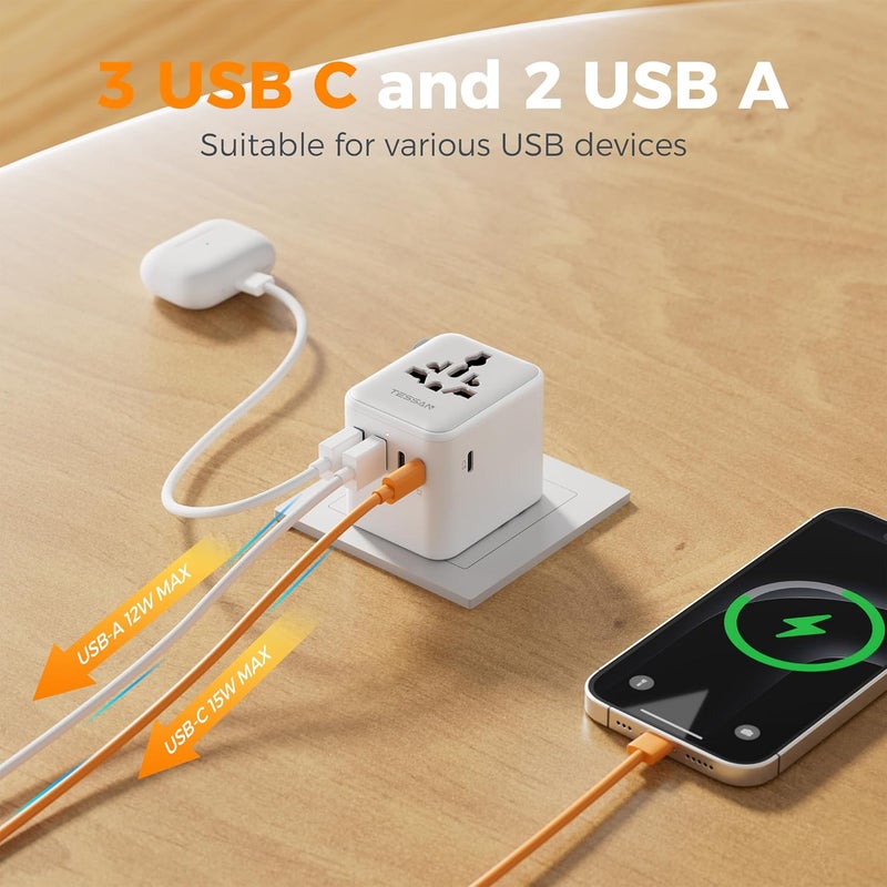 TESSAN Universal Adapter, Worldwide Travel Plug Adaptor with 2 USB A and 3 USB C, International Travel Adapter for EU, UK, USA, AU, Power Socket Charger for Multi Countries - Image 4