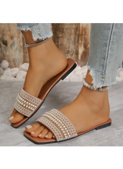 Womens Flat Bottom Sandals 2025 Summer New Style One-Row Straight Head Beaded Rhinestone Sandals Womens Outdoor Adult Use Light brown