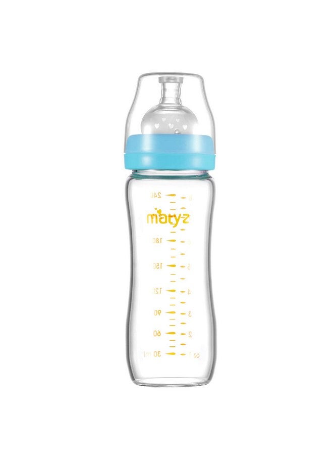 Matyz 8 Ounce Glass Baby Feeding Bottle with Nipple, Light and Slim Bottle Easy to Hold, Food Grade Borosilicate Glass, Wide Neck Breastmilk Feeding Bottle Easy to Clean, No BPA (Blue Lids) - Image 1