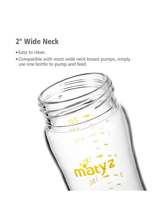 Matyz 8 Ounce Glass Baby Feeding Bottle with Nipple, Light and Slim Bottle Easy to Hold, Food Grade Borosilicate Glass, Wide Neck Breastmilk Feeding Bottle Easy to Clean, No BPA (Blue Lids) - Image 5