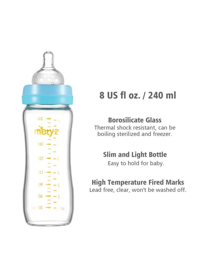 Matyz 8 Ounce Glass Baby Feeding Bottle with Nipple, Light and Slim Bottle Easy to Hold, Food Grade Borosilicate Glass, Wide Neck Breastmilk Feeding Bottle Easy to Clean, No BPA (Blue Lids) - Image 3