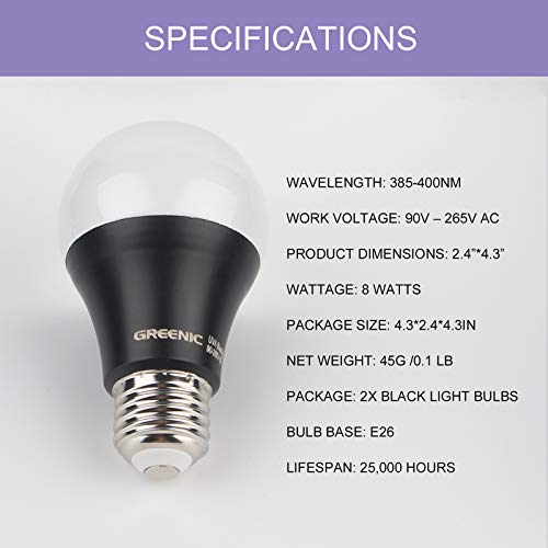 GREENIC UV Led Black Light Bulb 2 Pack, 8W (60W Equivalent) A19 E26 Blacklight Bulb UVA Level 385-400nm, Glow in Dark for Body Paint Club Party Neon Posters - Image 5