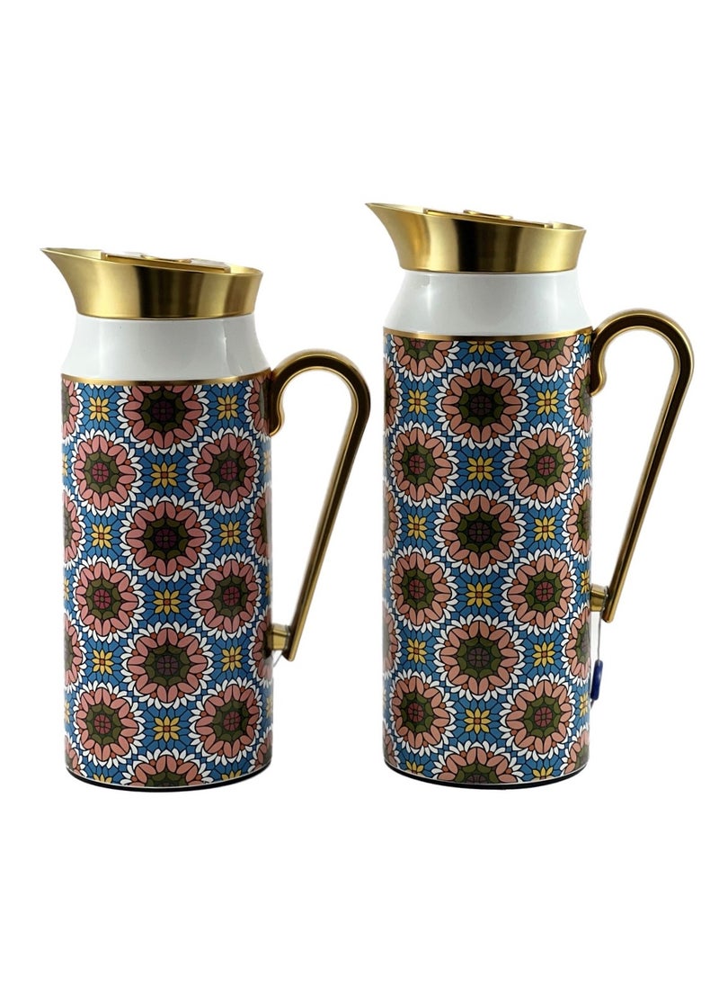 Homemaker 2-Piece Tea & Coffee Flask - 0.75 Liter & 1 Liter Capacity - Glass Inner - Steel Body - Multicolor Desing - Gold Handle  - Image 3