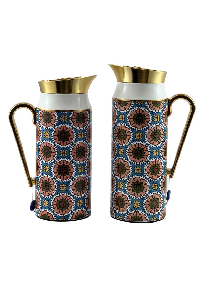 Homemaker 2-Piece Tea & Coffee Flask - 0.75 Liter & 1 Liter Capacity - Glass Inner - Steel Body - Multicolor Desing - Gold Handle  - Image 1