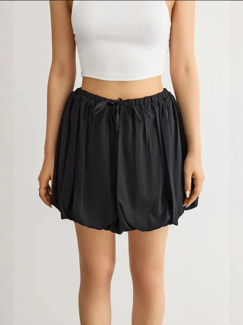 HICCUP Pleated Satin Balloon Skirt with Drawstring