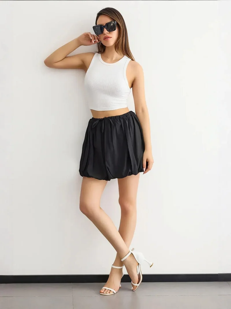 HICCUP Pleated Satin Balloon Skirt with Drawstring