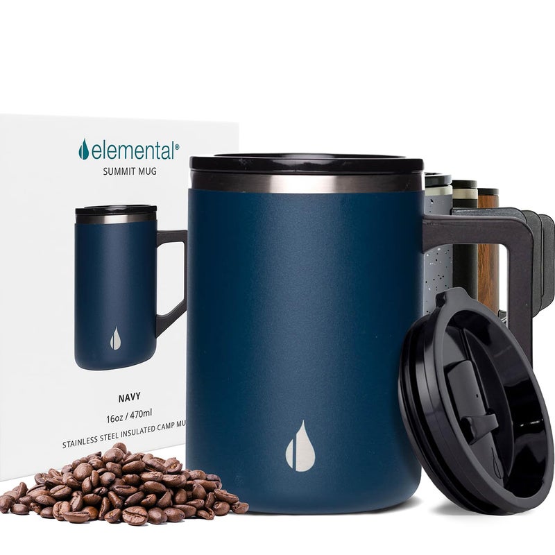 Elemental Insulated Coffee Mug  TripleWall Stainless Steel Summit Travel Cup for Hot and Cold Drinks  Thermal Coffee Mug with Lid and Handle for Camping Office  Travel 16oz  Navy Blue
