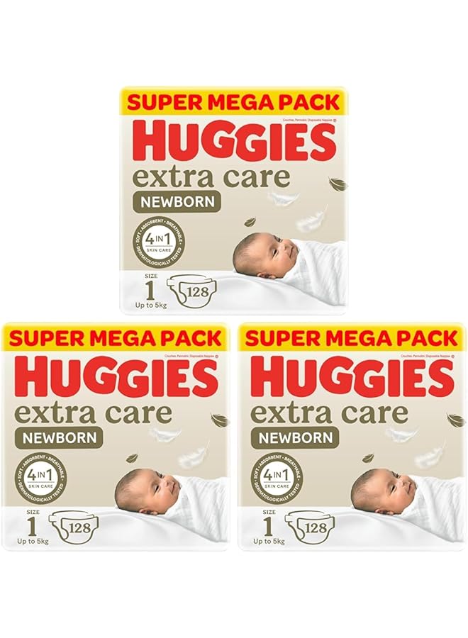 HUGGIES Extra Care Newborn Size 1 Up To 5 Kg Twin Jumbo Pack 128 Diapers (Pack Of 3) - Image 1