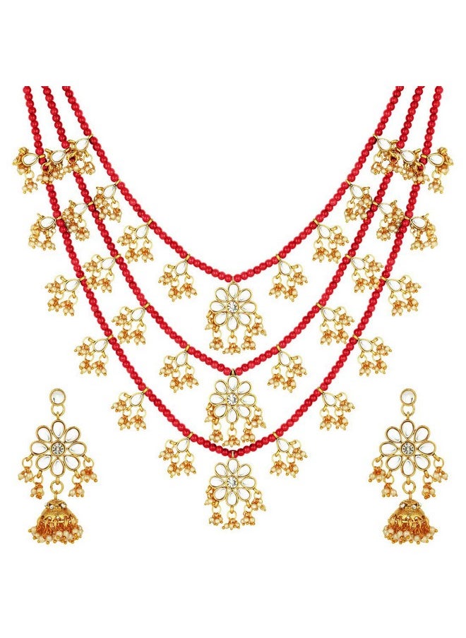 Aheli Ethnic Layered Faux Pearl Kundan Necklace Earring Set Indian Traditional Rani Har Wedding Bollywood Party Jewelry For Women  - Image 2