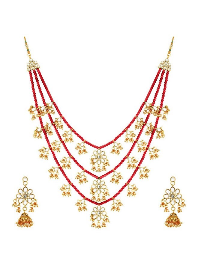 Aheli Ethnic Layered Faux Pearl Kundan Necklace Earring Set Indian Traditional Rani Har Wedding Bollywood Party Jewelry For Women  - Image 1