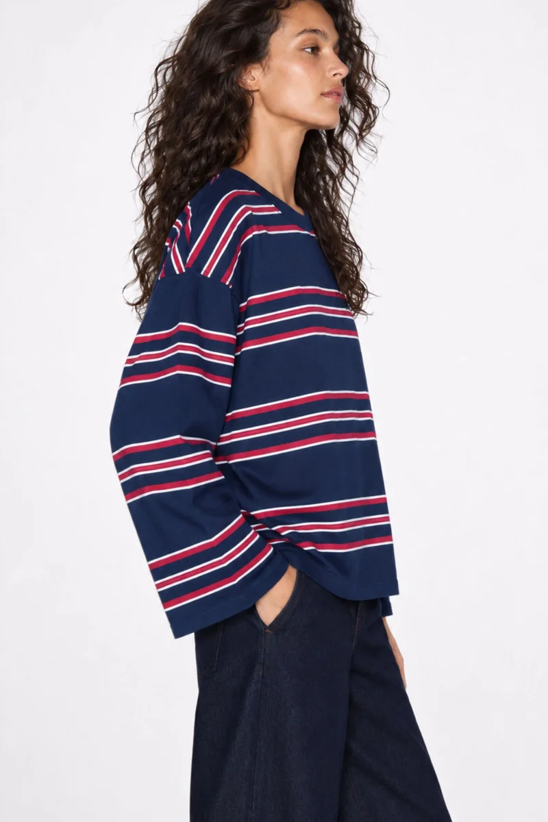 بيبانتولون BIPANTOLON Women's Oversized Striped Crew Neck Sweatshirt
