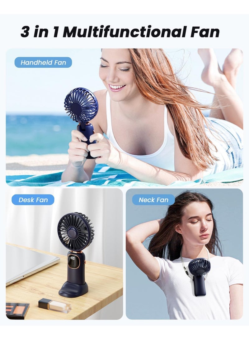 عام مروحة محمولة محمولة محمولة ، مروحة بطارية 4000 مللي أمبير في الساعة مع شاشة LED ، واليد/الرقبة/المكتب 3 في 1 مراوح صغيرة شخصية ، و 90 درجة مروحة مكتب قابلة للطي مع قاعدة ، و 5 سرعات الماكياج مروحة الرموش للنساء الأزرق - Image 2