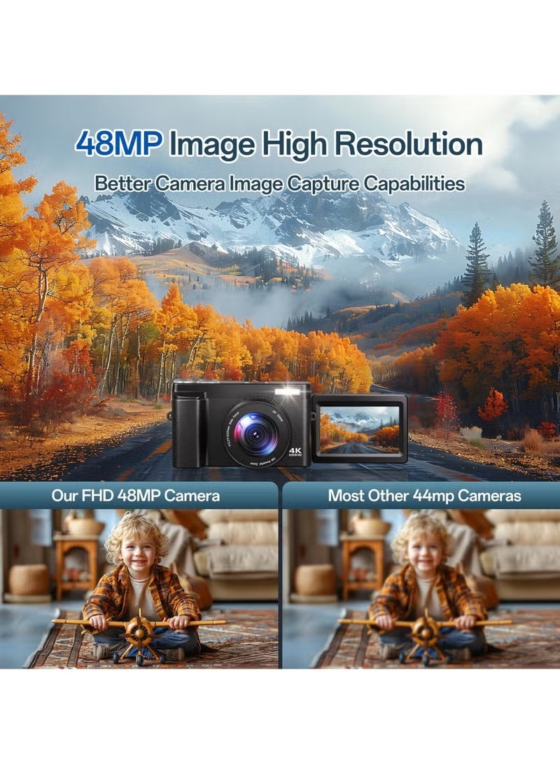 ZONBON 4K Digital Camera for Photography, 64GB TF Card, 48MP Autofocus Vlogging Camera for YouTube with 3'' 180°Flip Screen, 16X Digital Zoom Anti-Shake Compact Travel Camera - Image 2