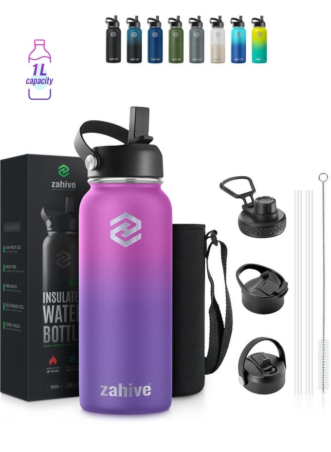 INSULATED STAINLESS STEEL WATER BOTTLE WITH STRAW WITH 3 LIDS AND BAG 1000 ML, DOUBLE WALL THERMOS FOR HOT AND COLD DRINKS FOR GYM AND WORK, WIDE MOUTH, LEAK PROOF, 1 LITRE, PURPLE