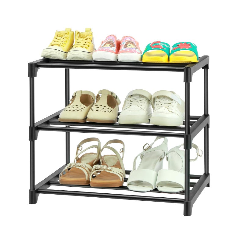 HITHIM 3-Tier Small Shoe Racks, Narrow Shoe Rack for 5-6 Pairs Shoe Storage,Kids Shoe Racks for Small Place,Lightweight Stackable Shoe Shelf Organizer for Closet,Black - Image 1