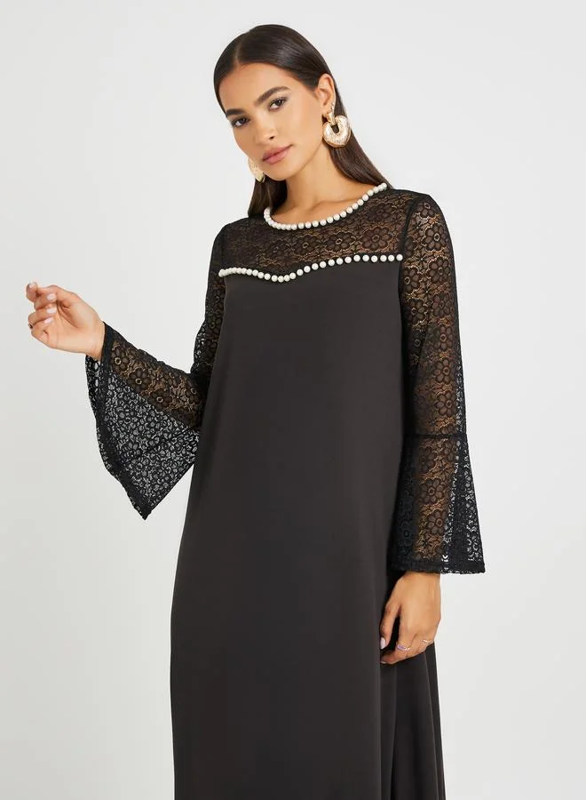 Take Two Take Two Embellished Lace Patchwork Long Sleeve A-Line Jalabiya