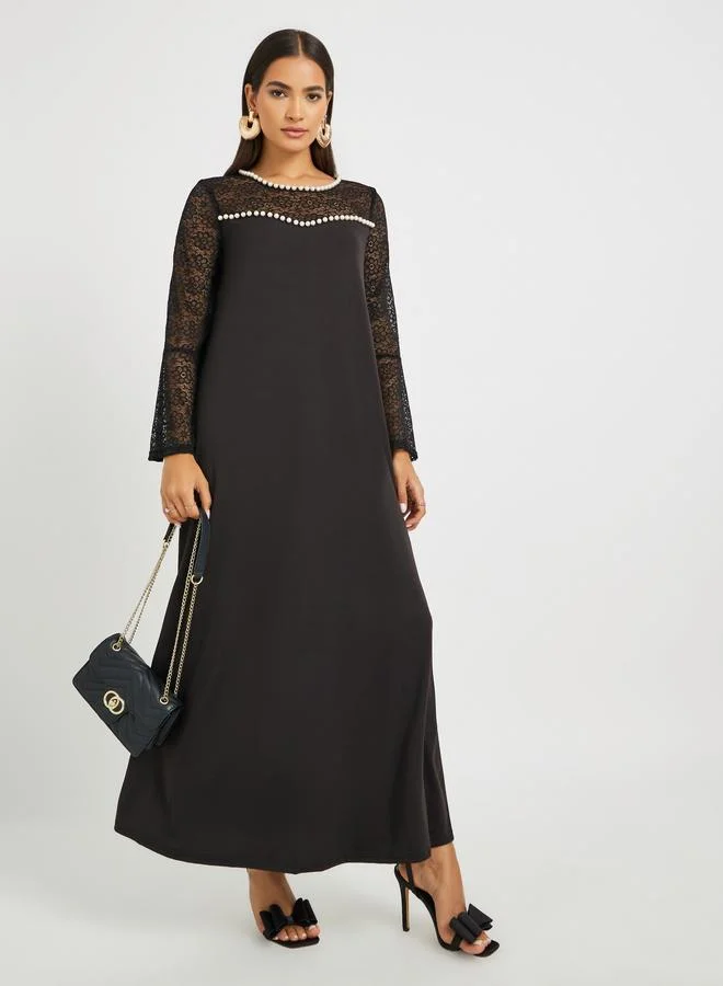 Take Two Take Two Embellished Lace Patchwork Long Sleeve A-Line Jalabiya