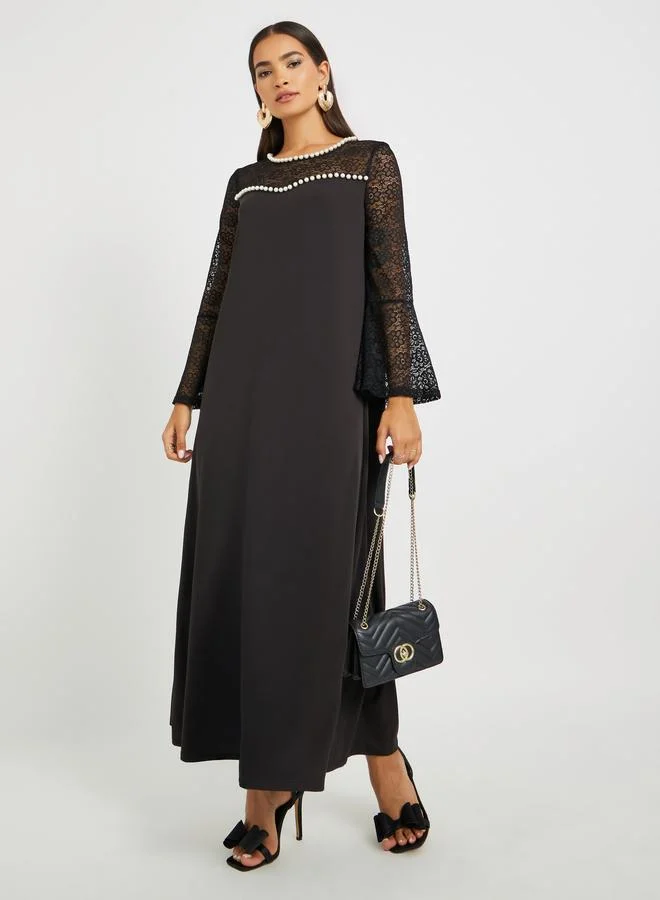 Take Two Take Two Embellished Lace Patchwork Long Sleeve A-Line Jalabiya