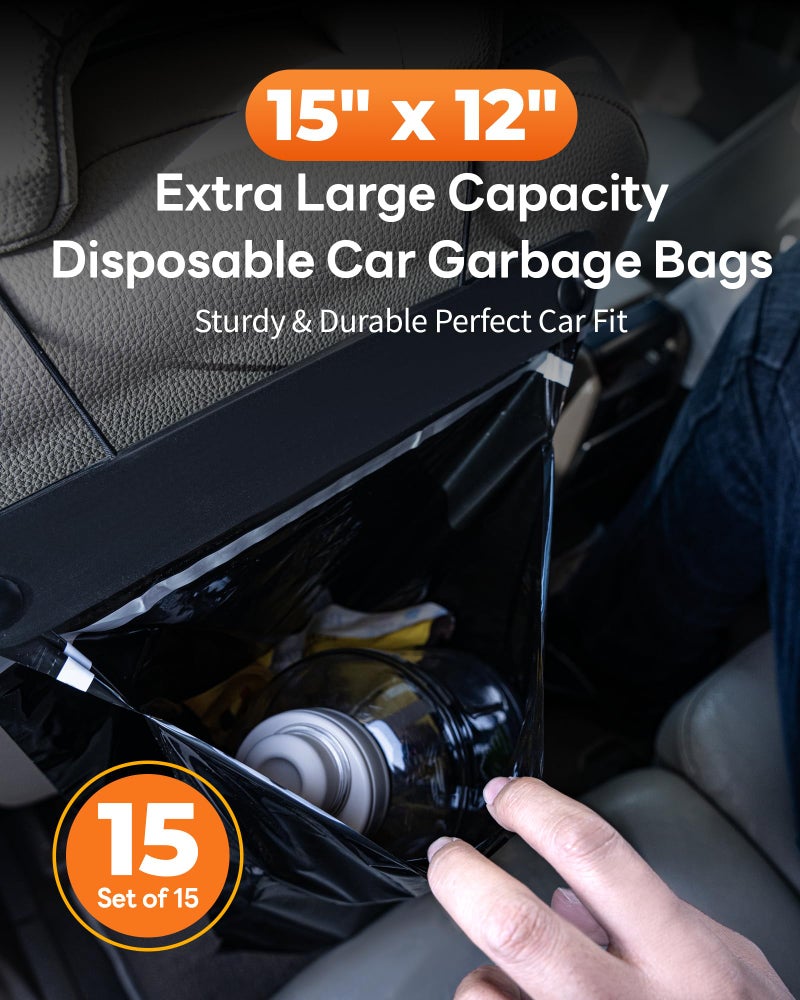 MUPEAK Disposable Car Trash Bags Hanging (Set of 15, Black) - Large 15 x 12Inches, Recycled Car Garbage Bags with Leak-proof & Smell-proof, Multipurpose Automobile Trash Container Perfect Car Fit - Image 2