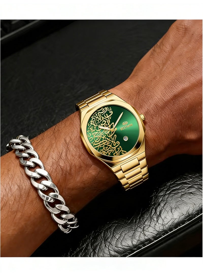 Bestwin Arabic Calligraphy Relief Dial Men's Watch Luminous Hands，Everyday Water-Resistant Quartz Movement Stainless Steel Bracelet With Double Push Button Clasp Suitable For Business，Casual，And Office Wear （Gold Bracelet + Green Dial） - Image 5