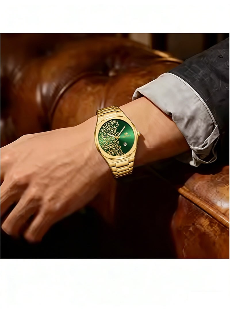 Bestwin Arabic Calligraphy Relief Dial Men's Watch Luminous Hands，Everyday Water-Resistant Quartz Movement Stainless Steel Bracelet With Double Push Button Clasp Suitable For Business，Casual，And Office Wear （Gold Bracelet + Green Dial） - Image 4