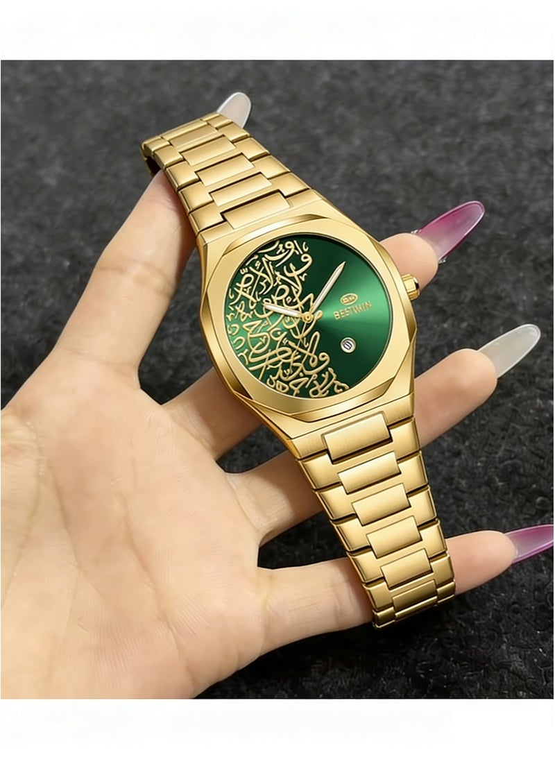Bestwin Arabic Calligraphy Relief Dial Men's Watch Luminous Hands，Everyday Water-Resistant Quartz Movement Stainless Steel Bracelet With Double Push Button Clasp Suitable For Business，Casual，And Office Wear （Gold Bracelet + Green Dial） - Image 3