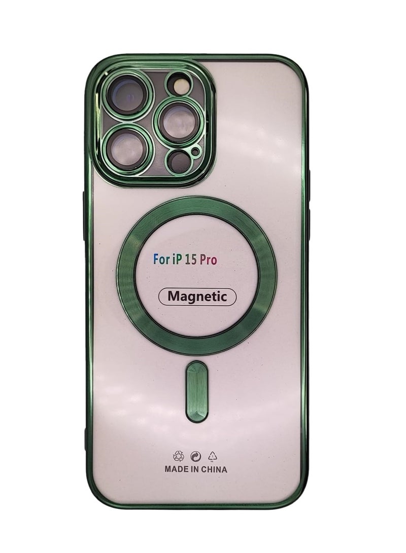 Case for iPhone 15 Pro Magnetic Clear Case, Compatible with MagSafe, Built-in Camera Lens Protector, Luxury Plating Soft TPU Shockproof Slim Thin Fit Back Cover iPhone 15 Pro 6.1'' - Green - Image 1