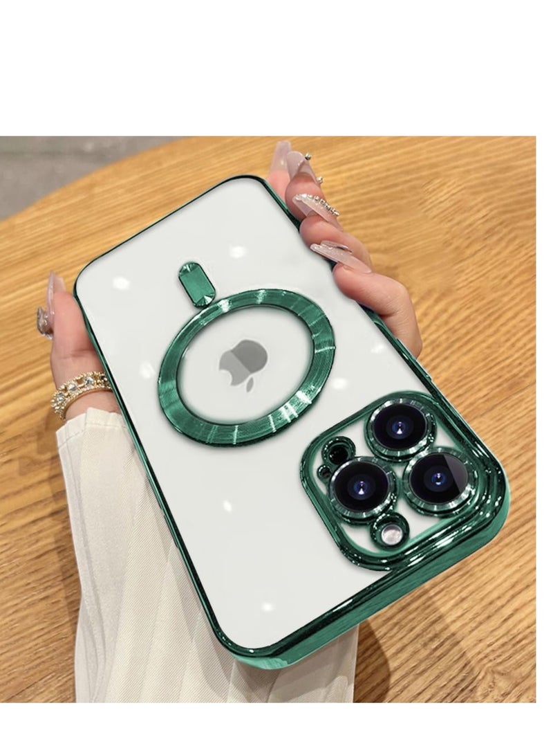 Case for iPhone 15 Pro Magnetic Clear Case, Compatible with MagSafe, Built-in Camera Lens Protector, Luxury Plating Soft TPU Shockproof Slim Thin Fit Back Cover iPhone 15 Pro 6.1'' - Green - Image 2