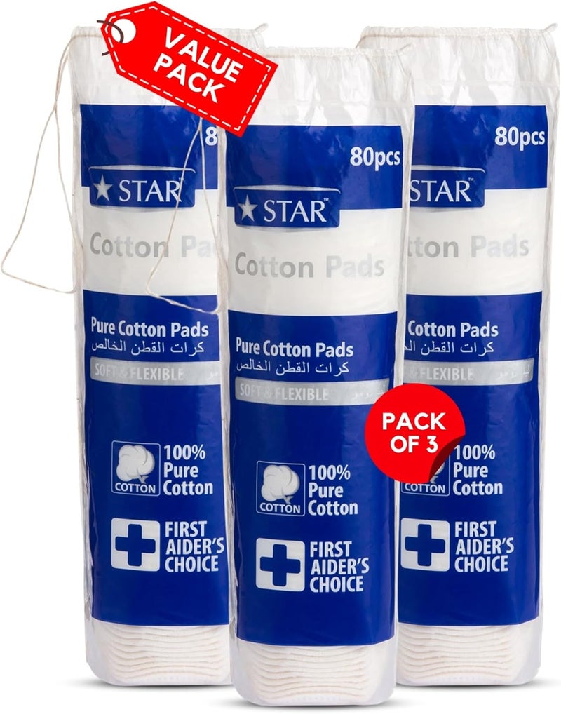 SZ Star Cotton Makeup Pads, Natural, Soft, Gentle, and Hypoallergenic Round Pads Made from Pure Cotton, For All Skin Types, 80 Pads (Pack of 3) - Image 1
