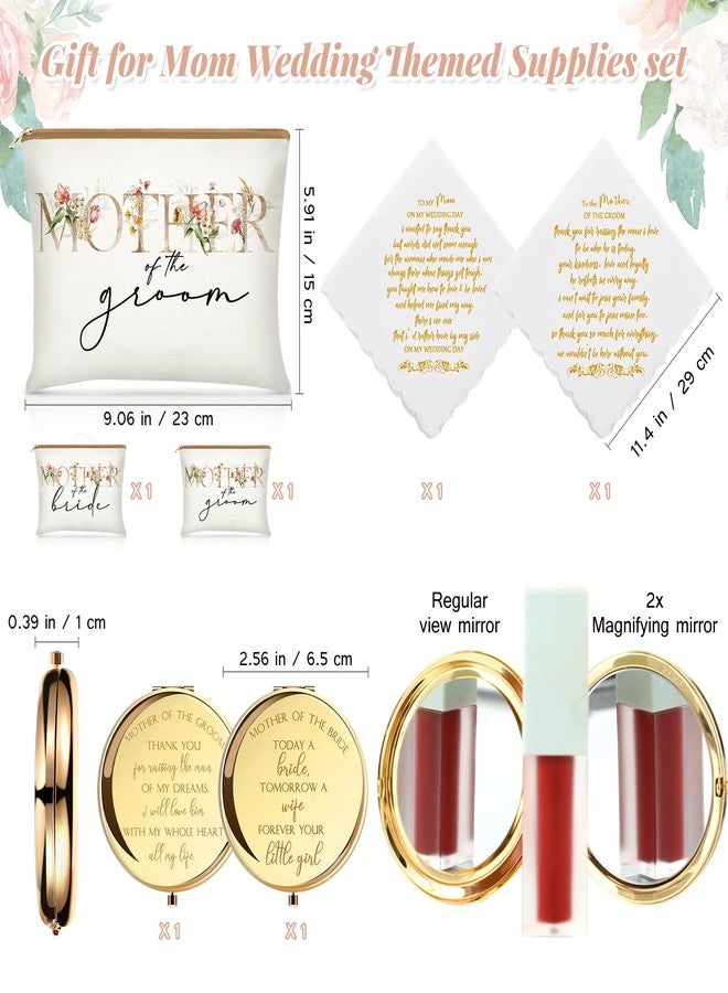 كوم مجموعة هدايا كومي المكونة من 6 قطع لأم العروس وأم العريس، تتضمن حقيبتي مكياج مزينتين بالزهور، ومرآتين للمكياج، ومنديلين. مثالية لحفلات الزفاف والخطوبة وحفلات توديع العزوبية. - Image 2