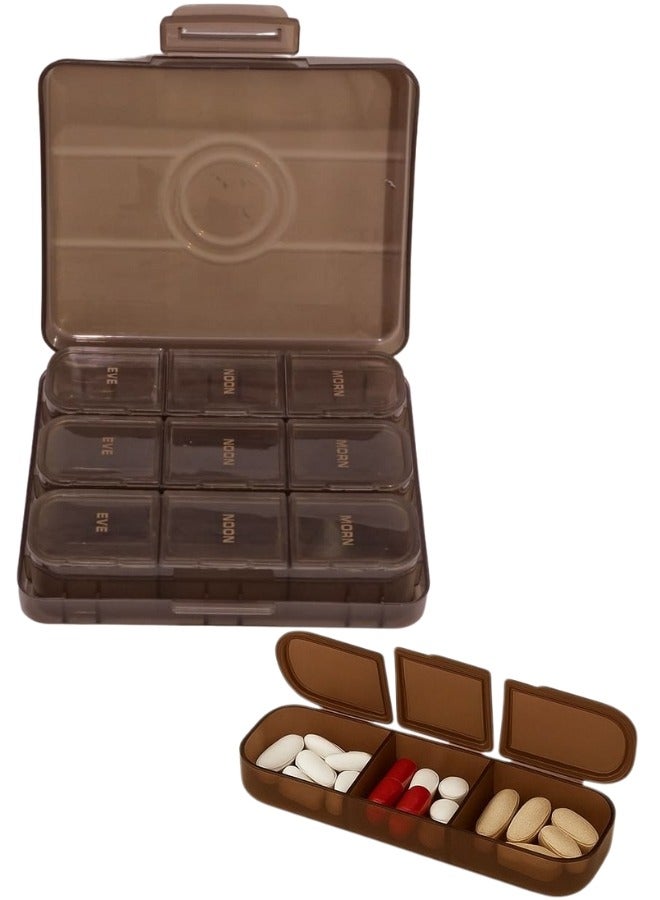 Pill Organizer, 9 Large Compartments, Daily Splitter with 3 Reminders (MORN- NOON - EVE), Moisture Resistant, Fish Oil, Vitamins, Supplements -Brown - Image 1