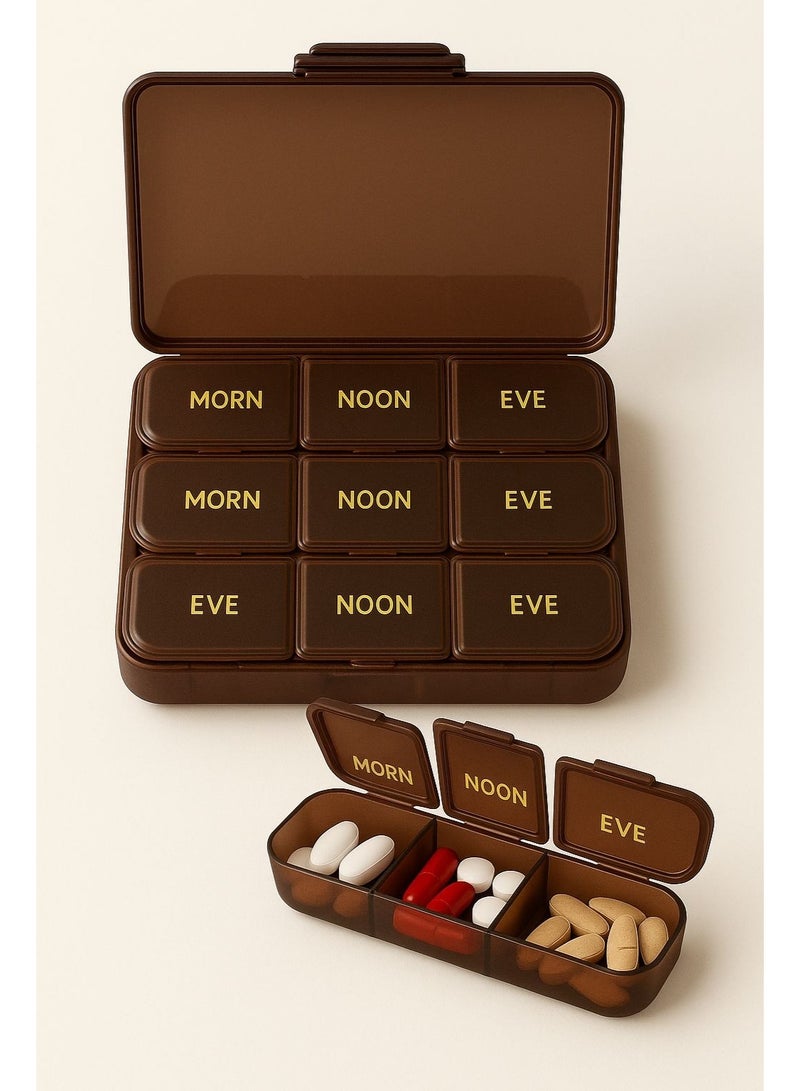 Pill Organizer, 9 Large Compartments, Daily Splitter with 3 Reminders (MORN- NOON - EVE), Moisture Resistant, Fish Oil, Vitamins, Supplements -Brown - Image 4