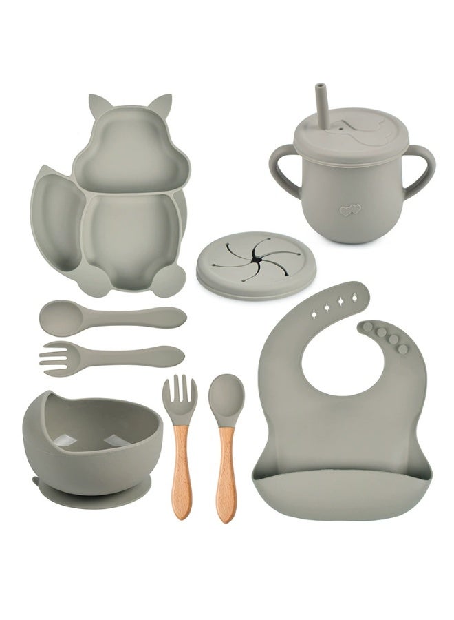 8 Pcs Baby Feeding Set, Food-grade Silicone Baby Tableware Set, Squirrel Baby Cutlery and Plates Set, Non-Slip Infant Dinnerware Set, Baby Self Feeding Utensils